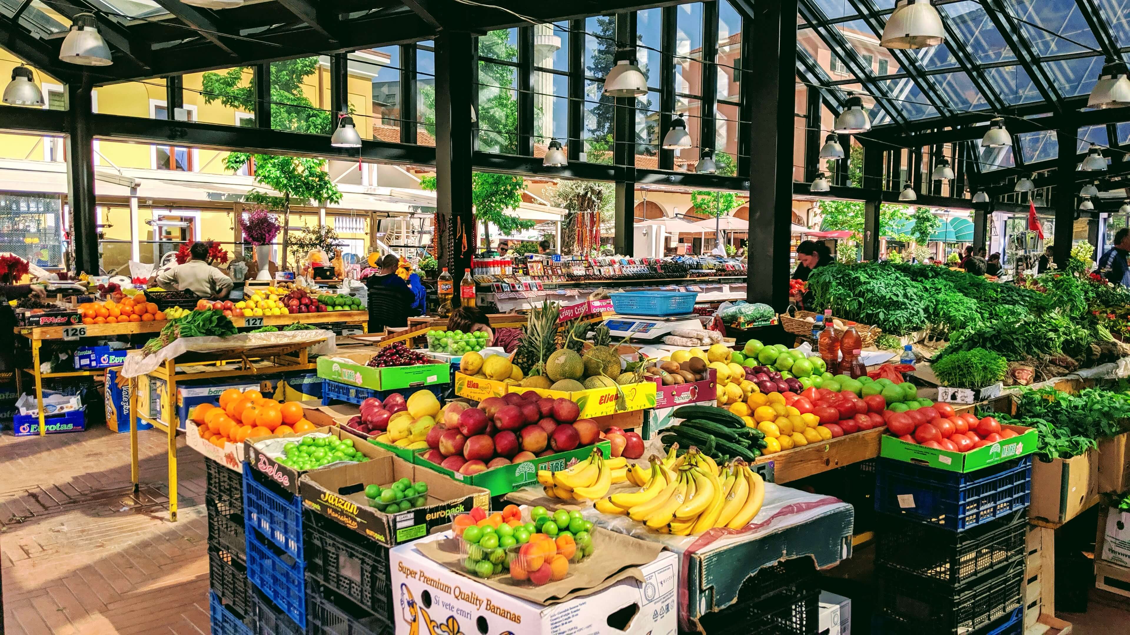 Tirana's open air market filled with fresh fruit and vegetables and tons of color.