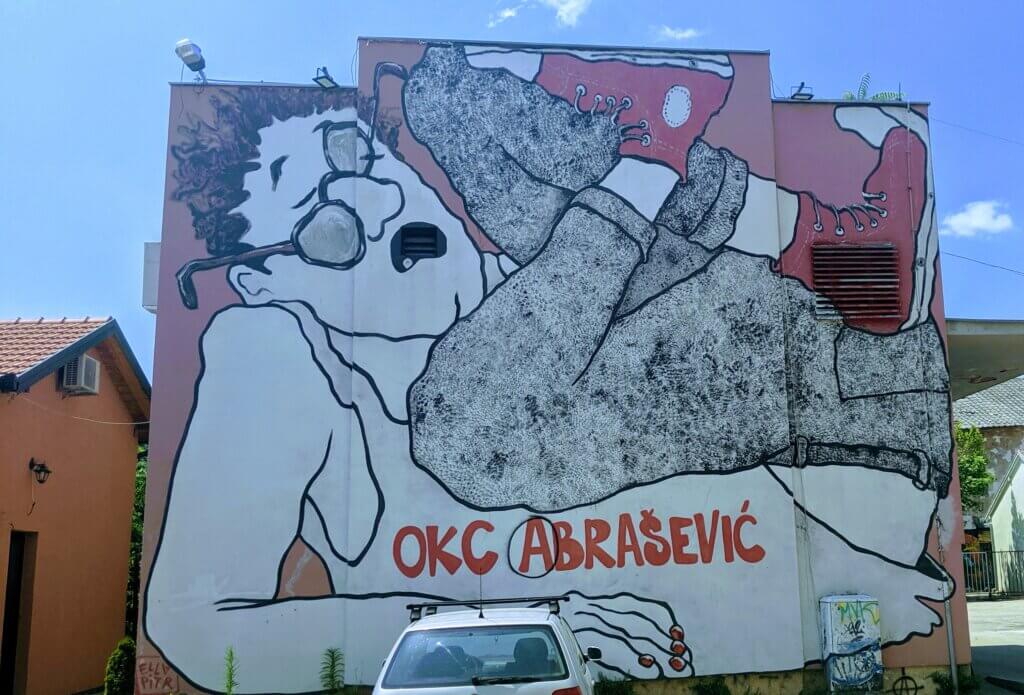 Street Art is something to see and do in Mostar.  This painting is of a bespectacled reclining man.