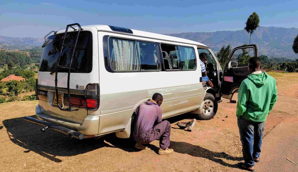 Broken down Mountain Gorilla transport van Uganda