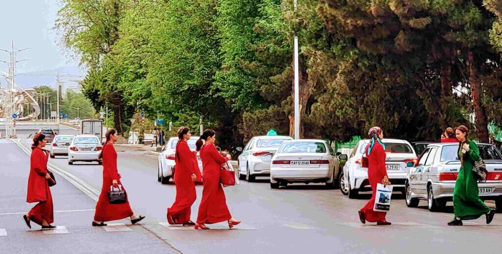 Women in red Ashgabat bizarre law Turkmenistan