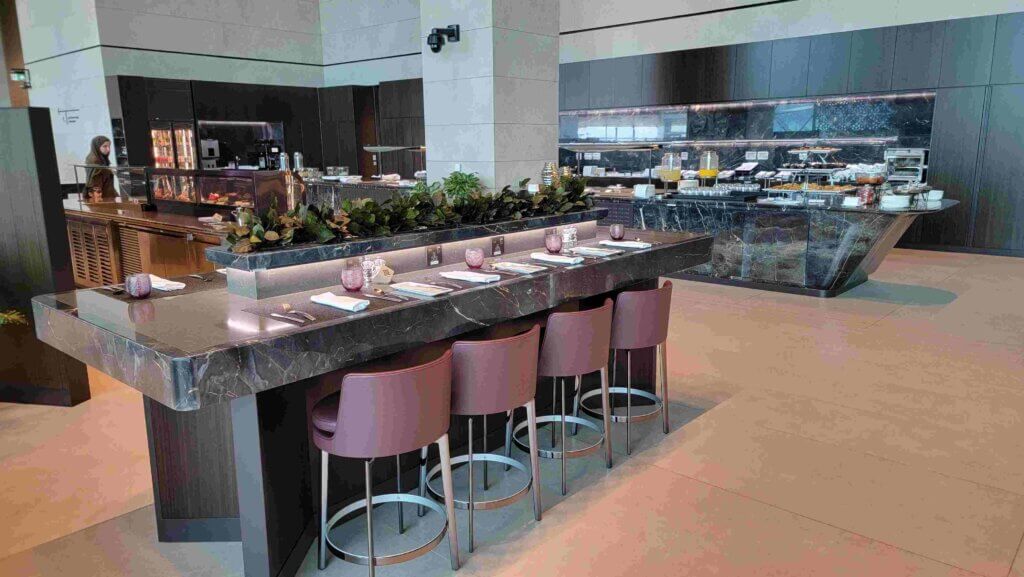Dining area in the DOH Qatar Al mourjan business lounge at the garden Qatar Airways